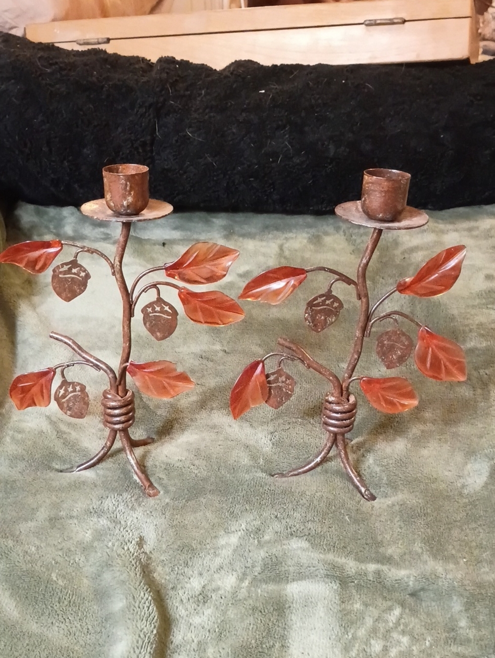 Vintage Rustic Metal Branch Acorn Candle Holder Pair Autumn Oak Leaf Taper Stick